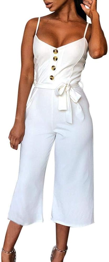 STORTO Women Button Off Shoulder Sleeveless Rompers Jumpsuit Playsuit with Belt: Clothing