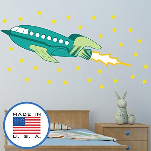 Blue Aspen Studio WallClipz Rocketship Wall Decal Fabric Rocket Ship Cartoon Decal Wall Stickers, Kids Baby Nursery Decor - Removable Sticks to Any Surface - Made in The USA, Small Green