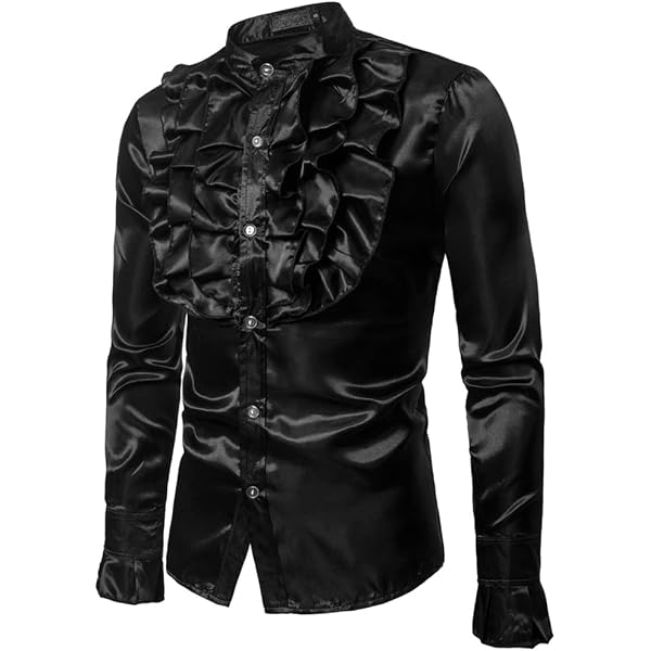 Men's Vintage Dress Shirt Solid Long Sleeve Satin Silk Ruffle