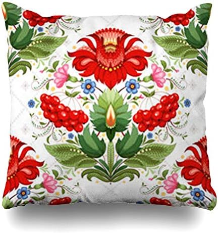 YeaSHARK Throw Pillow Covers Green Floral Ukrainian Flower in Petrykivka Pattern Painting Similar to Cross Stitch Rowan Zippered Design Square 16"x16" Pillowcase Home Decor Cushion Case