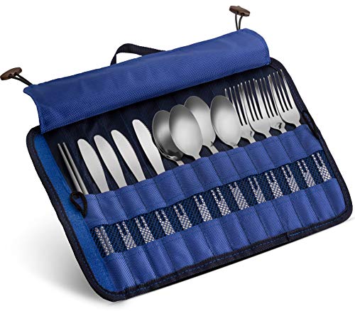 13 Piece Stainless Steel Family Cutlery Picnic Utensil Set with Travel Case for Camping | Hiking | BBQs - Includes Forks | Spoons | Knifes | Chopstick, Plus Nylon Commuter Case