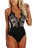 HUUSA Bodysuit for Women Black Eyelash Lace Allure High Waisted Sleeveless Jumpsuit Tops L Black