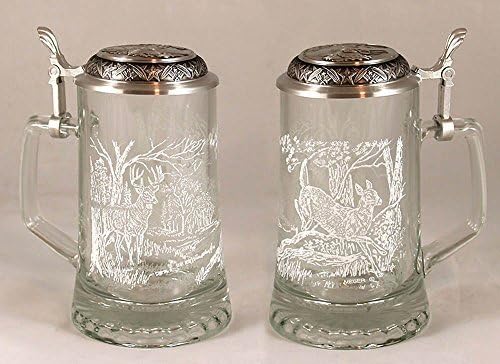 JAMES MEGER GLASS WHITE TAIL DEER STEIN, Etched German Glass Beer Stein w/ Pewter Lid, Made in Germany by JAMES MEGER
