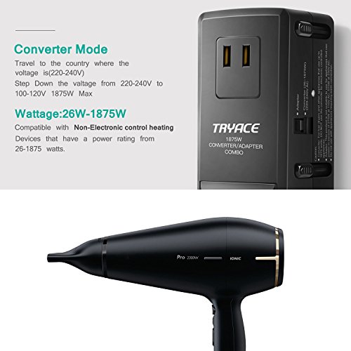 TryAce Mini 1875W Worldwide Travel Converter and Adapter Combo, Set Down 220V to 110V International Voltage Converter for Hair Dryer, All in One Plug Adapter Wall Charge for UK/AU/US/EU - Thumbnail 3