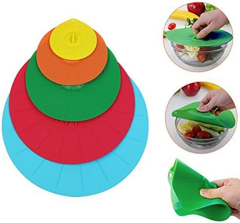 Set of 5 Silicone Suction Lids, Colorful Food Covers/Bowls Lids, Keep Your Food Moist &amp; Guard Against Microwave and Cooking Splatter