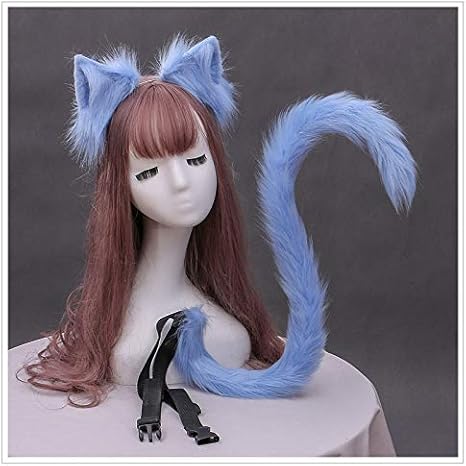 Amazon 手作りぬいぐるみシミュレーションファースーツ動物の耳キャットテールコスプレハロウィンコスプレパーティー小道具かわいい猫キャラクターコスチューム 青い ぬいぐるみ ホビー
