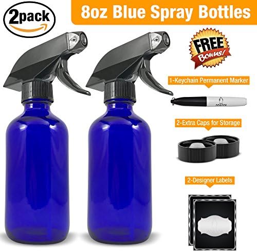 Empty Blue Glass Spray Bottle-Medium 8 oz Refillable Container for Essential Oils, Cleaning Products, or Aromatherapy-Black Trigger Sprayer w/ Mist and Stream Settings-2 PackBonus Free Extras