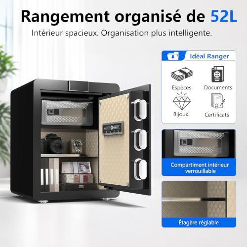 22KG Lourd Coffre Fort en Acier, 52L Coffre-fort Électronique avec Digitale Code et Clé, pour Maison et Bureau, Idéal pour Bijoux, Argent et Documents A4, Notice en Français (Noir,52L)