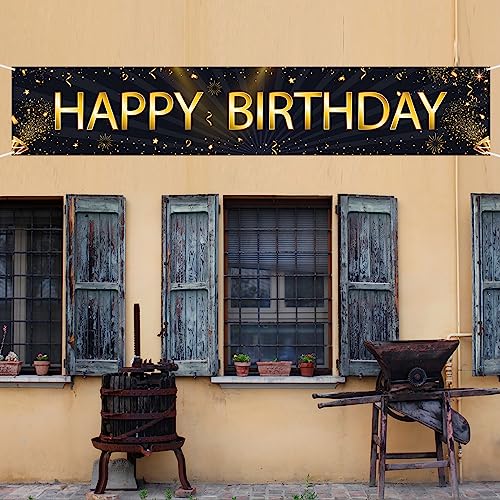 Mokonate Happy Birthday Banner Black Gold Happy Birthday Sign Banner Backdrop Happy Birthday Yard Sign for Kids Men Women Home Outdoor Party Decorations Supplies