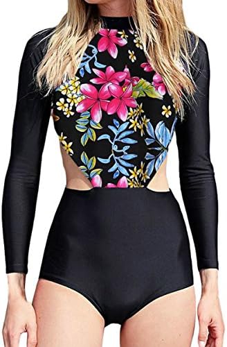 Dramaticbuying Women's One Piece Swimsuits Cutout Long Sleeve Floral Rash Guards, Red, TagsizeS=USsize6/8