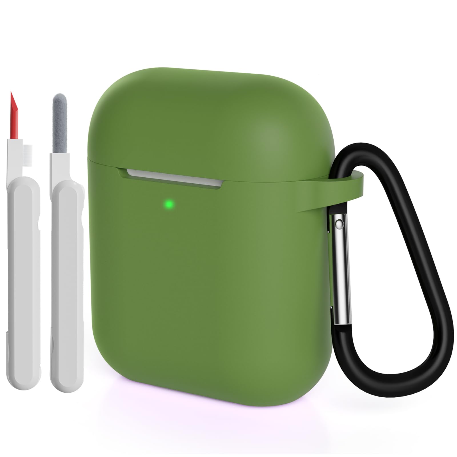 KOKOKA Case Cover Compatible with Airpods 2 with Cleaner kit, Premium Soft Silicone Skin Case Cover Shock Absorbing Protective Case for Airpods 2nd Generation with Carabiner, Grass Green