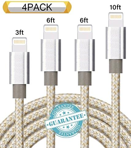 DANTENG iPhone Cable 4 Pack 3ft 6ft 6ft 10ft Nylon Braided Certified Lightning to USB iPhone Charger Cord for iPhone 7 Plus 6S 6 SE 5S 5C 5, iPad 2 3 4 Mini Air Pro, iPod Nano 7 - Gold Silver