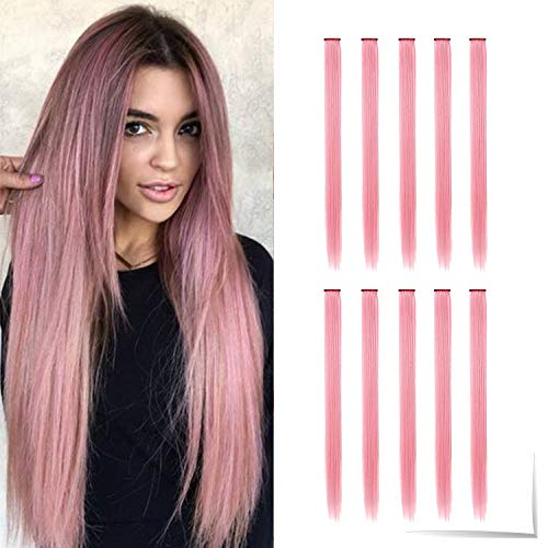 TOFAFA 22 inch Colored Hair Extensions straight Hairpiece,Multi-colors Party Highlights Clip in Synthetic Hair Extensions (10pcs Princess Pink)