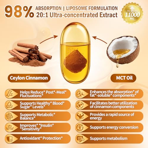 2-in-1 Organic Ceylon Cinnamon with MCT Oil Supplements Softgels, 120 Day Supply, Liposome Highly Bioavailable Extract, Energy & Metabolism Support, Non-GMO, Gluten Free, 120 Large Granule Softgels