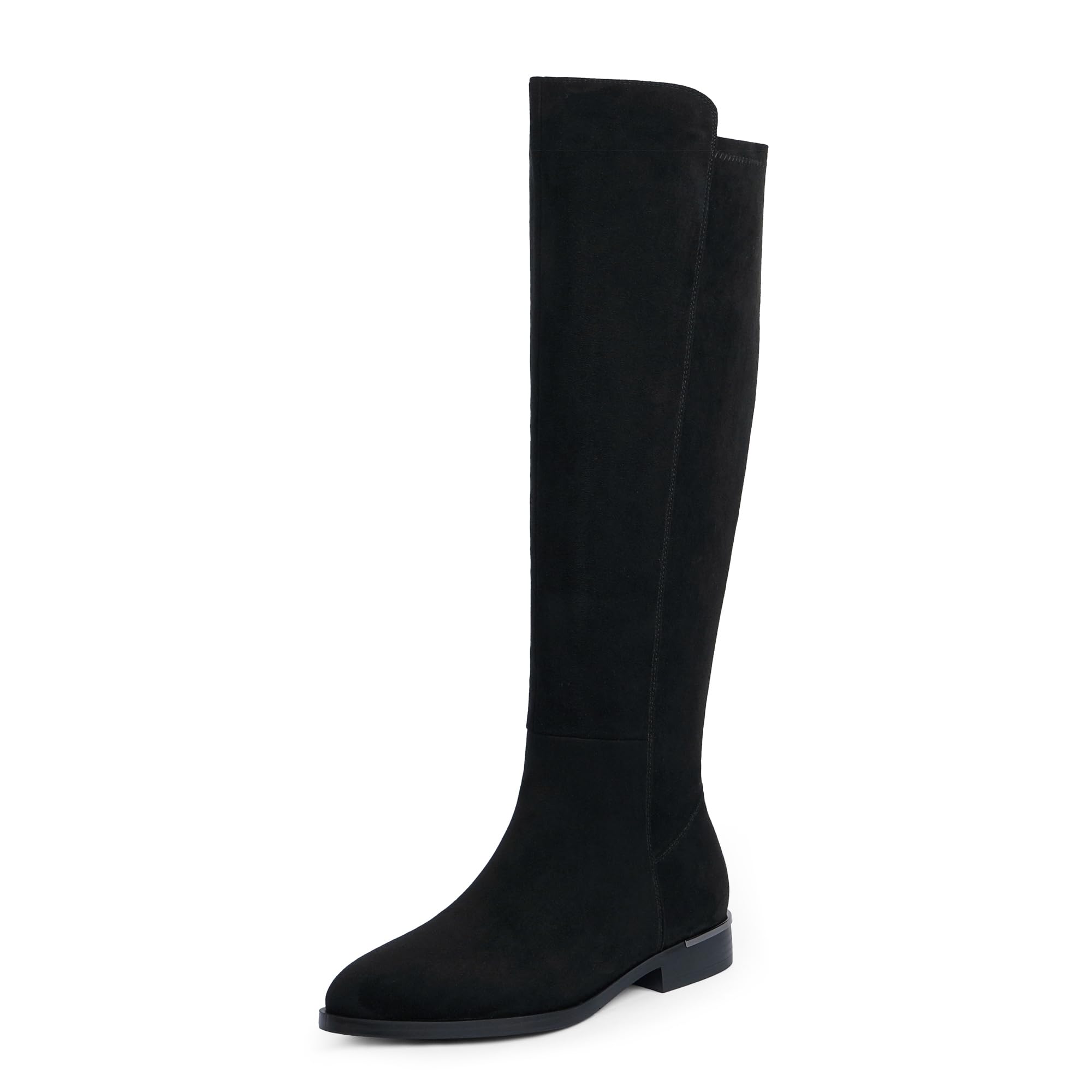 Photo 1 of Modatope Knee High Boots Black Suede Flat Rounded Womens Boots Low Chunky Block Heel Stretchy Riding Boot Fall Winter Dress Boot 2025 with Side Zipper Size 8