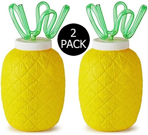 Set Of 2 Plastic Pineapple Cups with Krazy Straws - 26.4oz Each