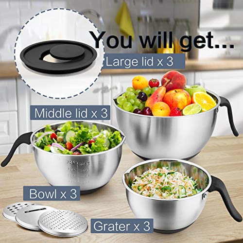 P&P CHEF Black Mixing Bowls with Lids Set, Stainless Steel Mixing Bowl