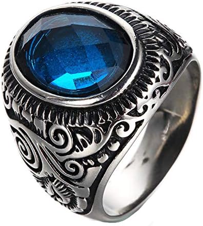 Quoouz Men's Silver Black Titanium Steel Retro Sapphire Rings