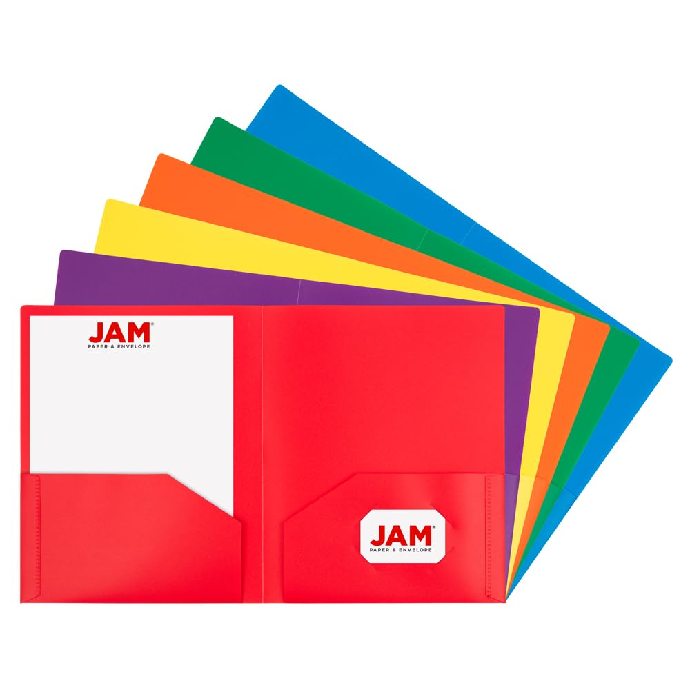 JAM PAPER Heavy Duty Plastic 2 Pocket School Folders - Assorted Primary Colours - 6/Pack