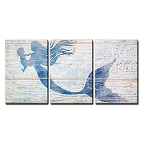 Mother Mermaid and Baby Mermaid on Rustic Wood...