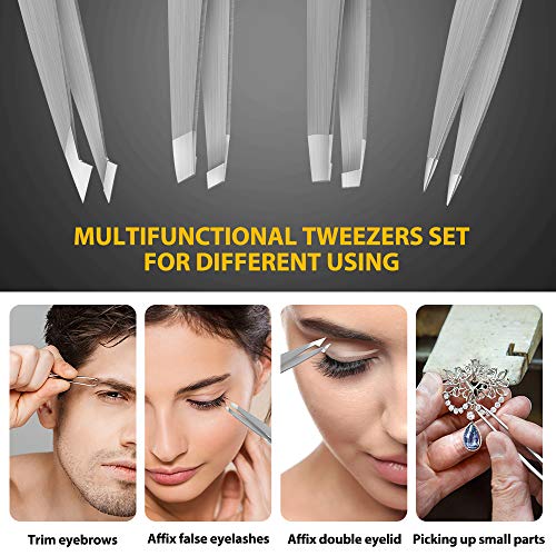 Tweezers Precision for Eyebrows, Terresa 4 Pack Tweezer Set for Ingrown Hair Removal, Professional Brow Remover Tools for Women and Men, Hair Plucking Daily Beauty Tool with Leather Case