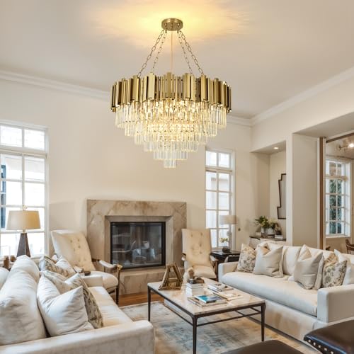 AOOCHOK Modern Gold Crystal Chandelier, Round Crystal Hanging Chandeliers, Ideal for Living Room, Dining Room, Bedroom and Restaurant, Φ80cm