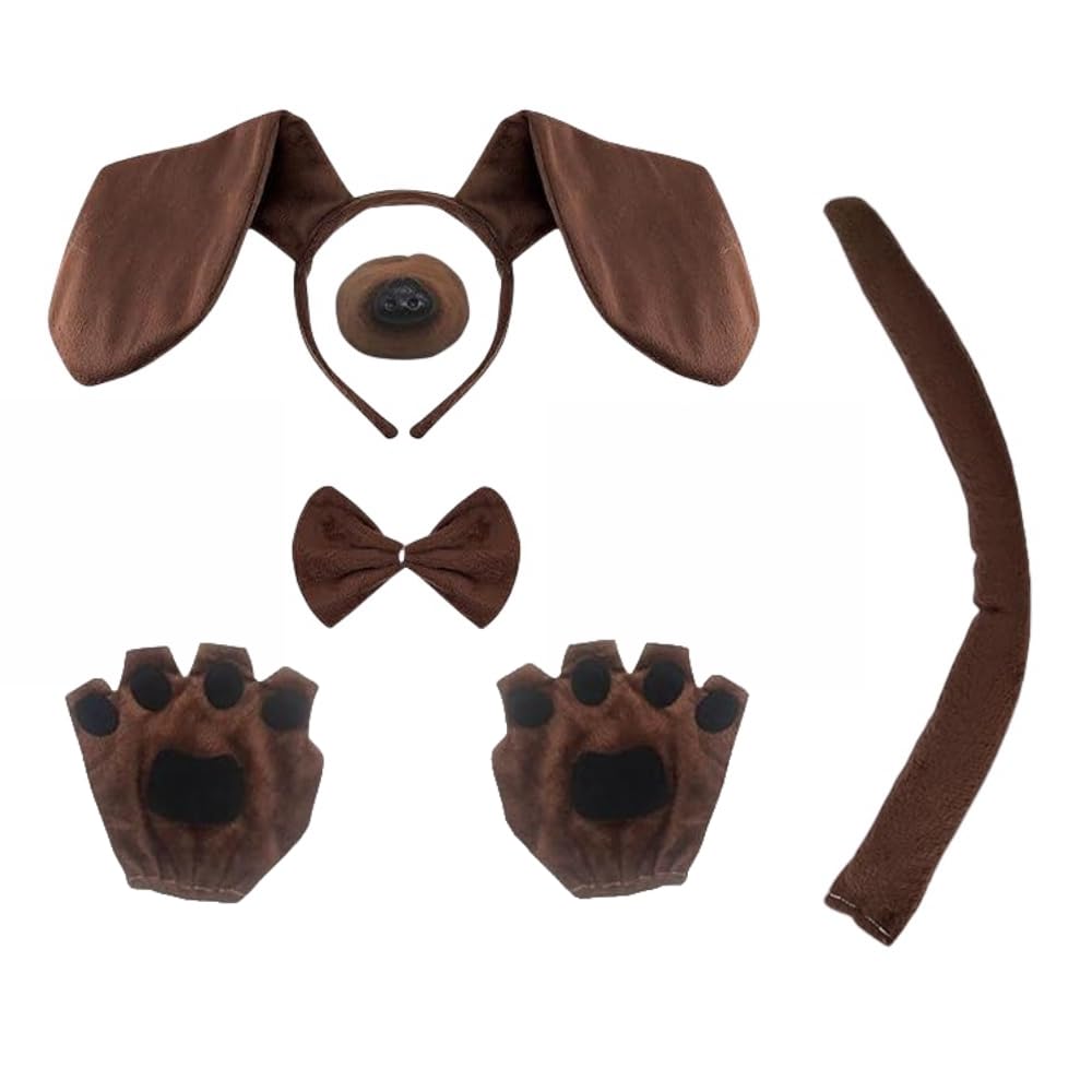 SDXCJY 5 Pieces Puppy Dog Costume Set,Dachshund Dog Set Include Puppy Ears Headband Bowtie Fake Nose Tail Gloves Bowtie Animal Costume Accessories for Halloween Theme Party (Brown) (color)