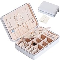 CULYA Small Faux Leather Jewelry Box Organizer, Portable Travel Jewelry Case (Zipper, White)