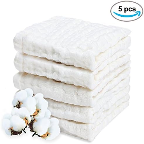 Baby Muslin Washcloths, Natural Muslin Cotton Baby Wipes,Reusable Soft Newborn Baby Face Towel, Baby as Shower Gift 5 Pack