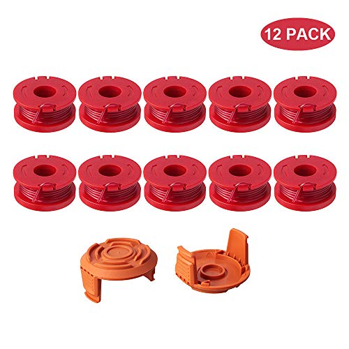 Thten Replacement Trimmer Spool Line for Worx WA0010 WG180 WG163 Weed Wacker Spool with WA6531 GT Spool Cover 50006531 String Trimmer Refills 10ft 0.065" 12Pack (10 Spools, 2 Trimmer Cap)