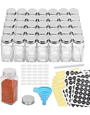 Aozita 36 Pcs Glass Spice Jars with Spice Labels - 4oz Empty Square Spice Bottles - Shaker Lids and Airtight Metal Caps - Chalk Marker and Silicone Collapsible Funnel Included