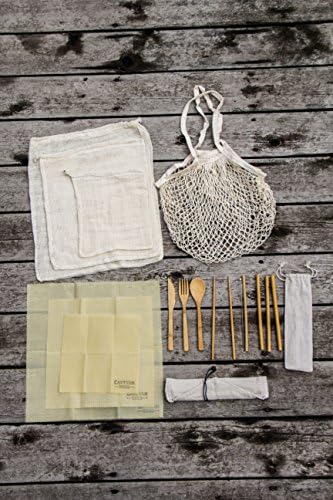 Go Green Starter Kit 16 Reusable Plastic Free Organic Products - 3 Pack Beeswax Wrap, 3 Pack Cotton Mesh Produce Bags, Cotton Net Grocery Bag, Bamboo Utensil Set, Bamboo Straw 4 Pack - Biodegradable