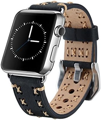 Apple Watch Band, 38mm Iwatch Strap Premium Vintage Genuine Leather Replacement Watchband with Secure Metal Clasp Buckle[with Adapter]for Apple Watch Sport Edition (38mm Black)