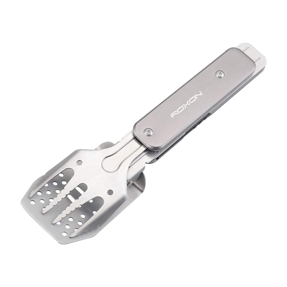 ROXON 4 in 1 Compact Mini BBQ Barbecue Combo Tool Set with Spatula, Fork, Tongs and Bottle Opener for Hiking Camping (Grey)