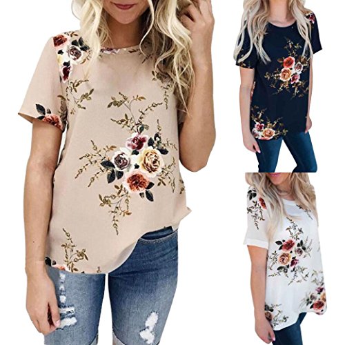 Dainzuy Ladies Sexy Casual Tops, Women's Floral Printing T-Shirt Short Sleeve Blouse (Khaki, L)