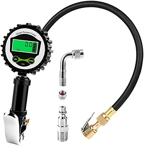 XUZOU Digital Tire Pressure Gauge, 200 PSI Digital Tire Inflator, With Straight Lock-On Air Chuck,90 Degree Valve Extender with Rubber Hose and Quick Connect Coupler for Truck, Automobile, Motorcycle