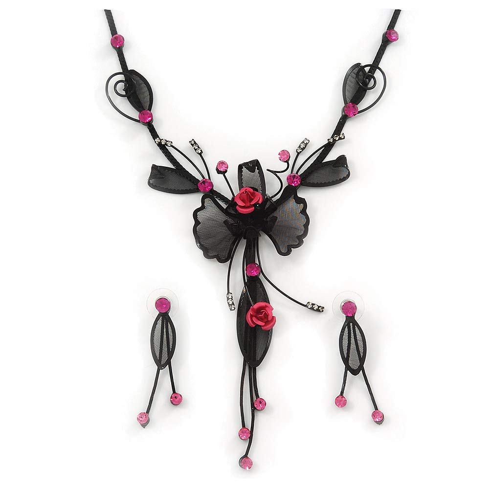Avalaya Exquisite Y-Shape Magenta Rose Necklace & Drop Earring Set In Black Metal