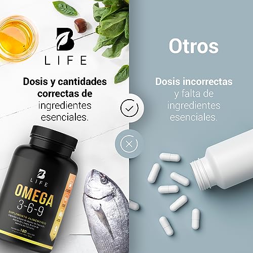 B Life Omega 3-6-9 con 180 Cápsulas | Concentración de EPA y DHA | 1000 mg con Aceite de Pescado, Linaza y Cártamo | Mezcla Completa de Ácidos Grasos Esenciales.