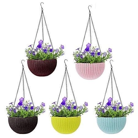 Enamic UK Plastic Flower Pot Basket With Hook Chain, Multicolour, Medium, 5 Pieces