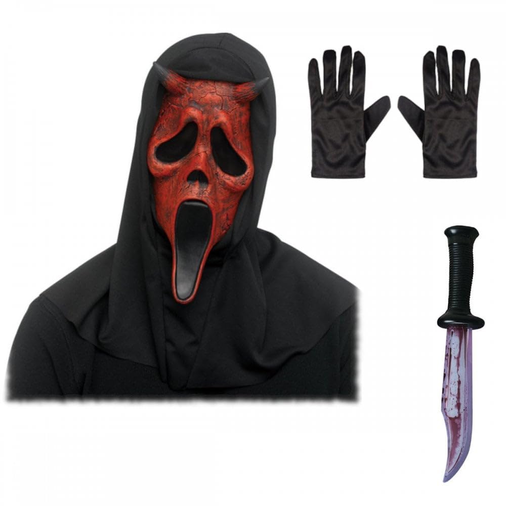 Adult Unisex Official Scream/Ghost Aged Devil Face Mask with Hood + Black Gloves + Bloody Blade Knife : Halloween Fancy Dress Accessory Set