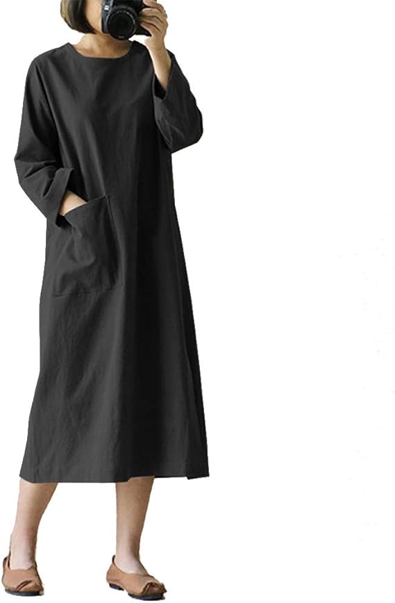 Amazon リネンワンピース ロングワンピ マキシ丈 長袖 秋 大きいサイズ ストレート 体型カバー ベージックカラー 無地 コーデ ワンピース チュニック 通販
