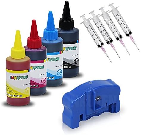 INKOA (TM) Ink Refill Kit for 252 T252 XL CISS REFILLABLES Ink cartridges 4 Bottles of 100ml Dye Ink Refill Kit and Chip Resetter
