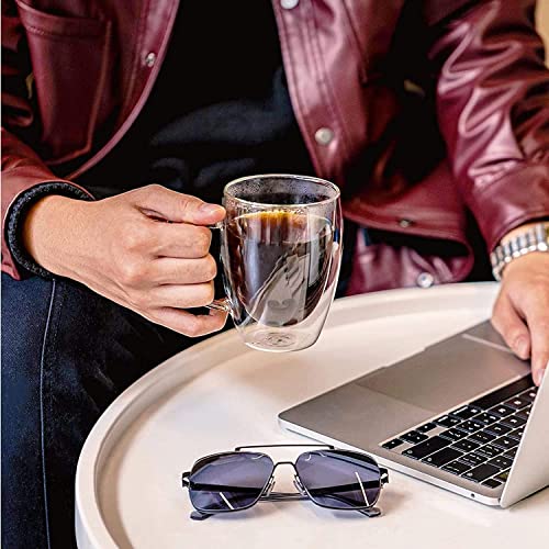 Taza para Cafe Doble pared Vidrio 350 ml (4 Piezas),Tazas para Cafe Espresso con Asa,Vasos pared Vidrio Transparentes para Capuchino,Café Expreso,Té,Ideales para Regalo