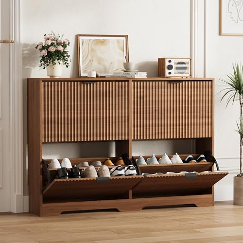 Shoe Cabinet Storage for Entryway with 4 Flip Drawers, Walnut Fluted Shoe