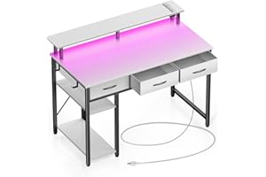 Rolanstar Computer Desk with Power Outlets & LED Light, 39 inch Home Office Desk with 3 Drawers and Storage Shelves, Writing 