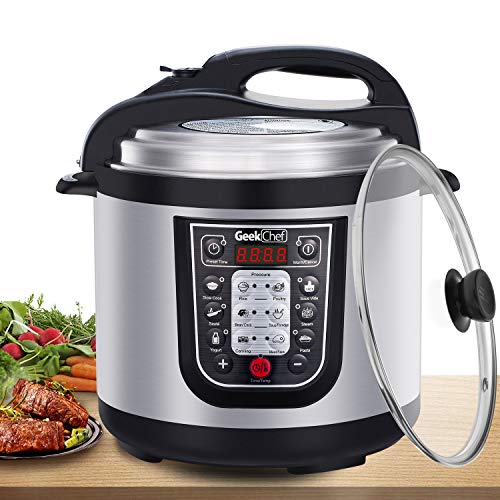 Geek Chef 6 Qt Multiuse Electric Pressure Cooker, Stainless Steel Inner Pot, 12 Presets Programmable Multicooker, Sous Vide Cooking Mode, Rice Cooker, SautÃ©, Yogurt Maker and Keep Warmer for 24 hs and Delay Start