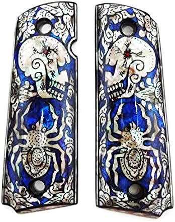 Sri Lanna Mother of Pearl Inlay 1911 Grips Fit with Colt S&W Kimber Springfield Spider & Skull Blue