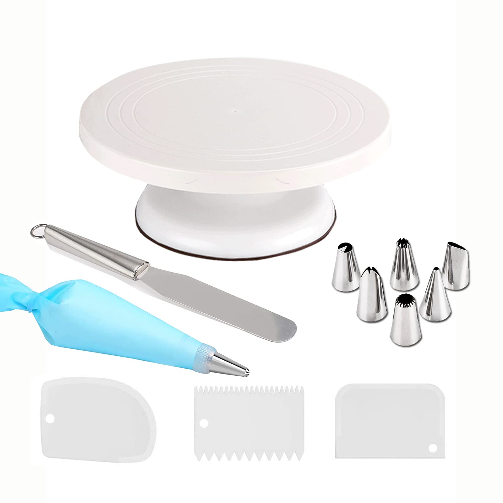Cake Turntable Revolving, Yizish Upgraded Cake Stand Rotating with 3 Cream Scrapers, Nozzles Tips Set, Stainless Steel Icing Spatula for Cake Decorating White