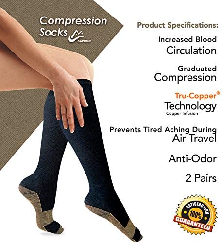 Savoon Fitness tru-Copper Compression Socks, 2-Pair Anti-Fatigue Graduated Compression Socks for Men and Women