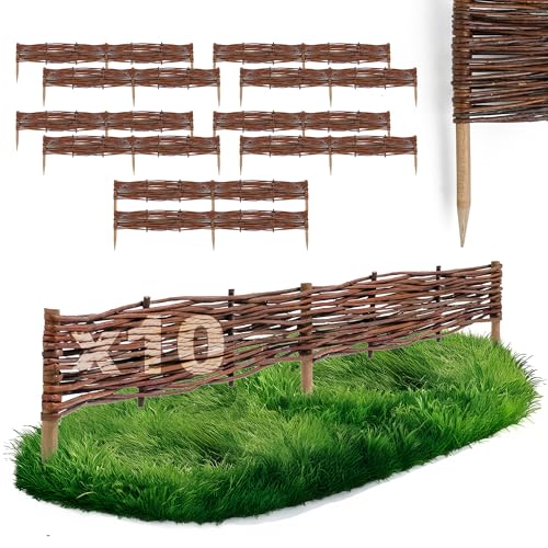 10 x BOGATECO Beeteinfassung aus Weide | 120 cm Lang & 10 cm Hoch | Holz-Zaun Rasenkante | Weiden-Zaun Steckzaun Perfekt für den Garten als Weg-Abgrenzung | Bee